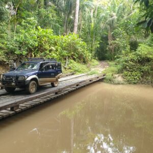 This is a picture of a 4x4 vehicle complete a river crossing in Guyana. 4 X 4 Off-Road Adventure in the Rupununi